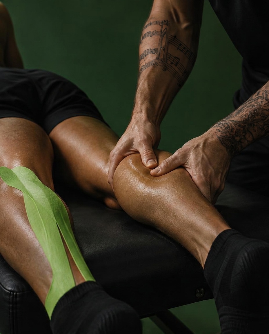 Remedial massage treatment focused on a client's calf
